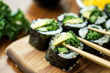Sushi rolls with cucumber, avocado and sesame seeds on wooden background. Japanese Cuisine Concept with Copy Space. Oriental Cuisine Concept. - Powered by Adobe