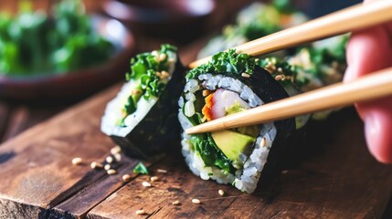 Sushi roll with salmon, avocado and cucumber on wooden background. Japanese Cuisine Concept with Copy Space. Oriental Cuisine Concept. - obrazy, fototapety, plakaty