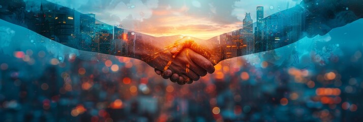 Handshake over cityscape with digital effects. Two business professionals shaking hands with a vivid cityscape and digital connectivity effects in the background