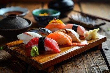 Sushi Set on a wooden background. Japanese food. Close up. Japanese Cuisine Concept with Copy Space. Oriental Cuisine Concept.