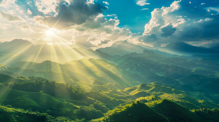 The sun is shining on the mountains, creating a beautiful and serene atmosphere