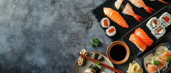 Set of sushi and rolls on stone background. Top view with copy space. Japanese Cuisine Concept with Copy Space. Oriental Cuisine Concept.