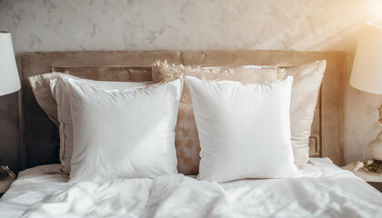 Clean Bedding sheets and pillow on natural wall room background. White bedding and pillow in hotel room. White pillows on empty bed.