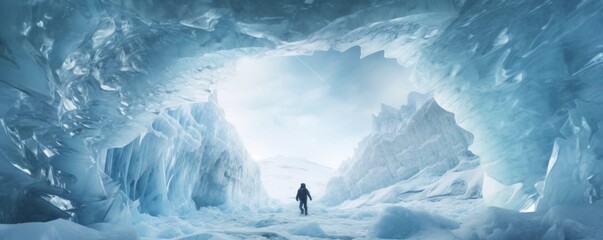 Ice cave paradise for ice climbing with moutaineer , winter landscape banner. Generative Ai. - obrazy, fototapety, plakaty