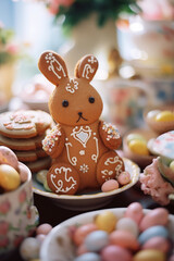 Fototapeta na wymiar Easter baking background. Happy Easter backdrop card. Easter bread. Festive Easter kulich. Tasty Easter gingerbread.
