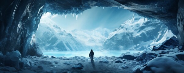 Ice cave paradise for ice climbing with moutaineer , winter landscape banner. Generative Ai.