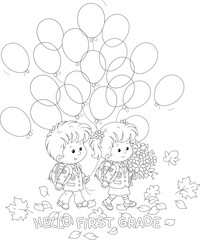 Happy little schoolchildren with holiday balloons and flowers going to school for start of classes, black and white outline vector illustration for a coloring book