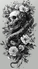 Eternal Coil: Skull and Serpent Entwined in Floral Elegance created with Generative AI technology