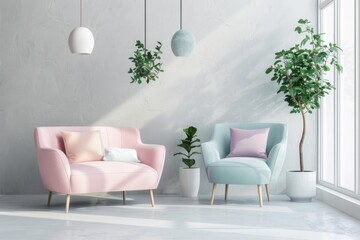 Modern living room with pastel colors