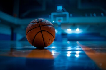 Basketball on a court with a dramatic blue lighting