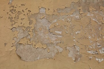 Closeup of old yellow painted stone wall peeling for texture grunge background.