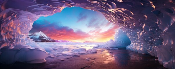 Ice cave cold inside view with colorful sunset light outside, winter landscape banner. Generative...