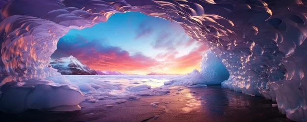 Rideaux velours Europe du nord Ice cave cold inside view with colorful sunset light outside, winter landscape banner. Generative Ai.