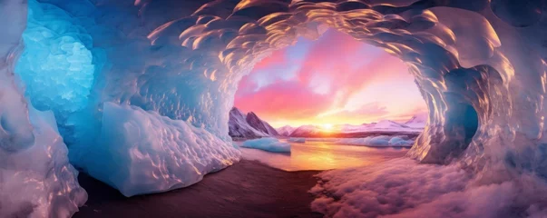 Papier Peint photo Lavende Ice cave cold inside view with colorful sunset light outside, winter landscape banner. Generative Ai.
