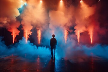 Person standing before a surreal stage with clouds and lights