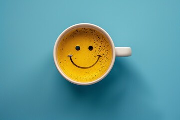 Smiley face in a cup on a blue background - obrazy, fototapety, plakaty