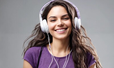 Beautiful European  young woman listening music with white headphones and purple T-shirt on light background