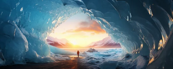 Papier Peint photo Europe du nord Ice cave cold inside view with colorful sunset light outside, winter landscape banner. Generative Ai.