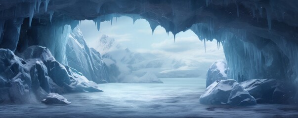 Ice cave paradise for ice climbing inside view , winter landscape banner. Generative Ai. - obrazy, fototapety, plakaty