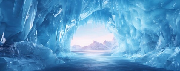 Ice cave paradise for ice climbing inside view , winter landscape banner. Generative Ai.