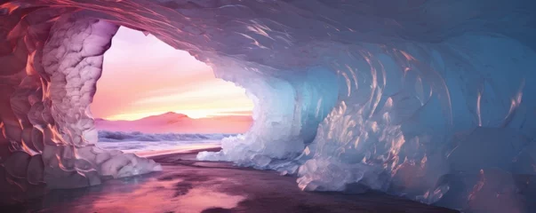 Naadloos Behang Airtex Noord-Europa Ice cave cold inside view with colorful sunset light outside, winter landscape banner. Generative Ai.
