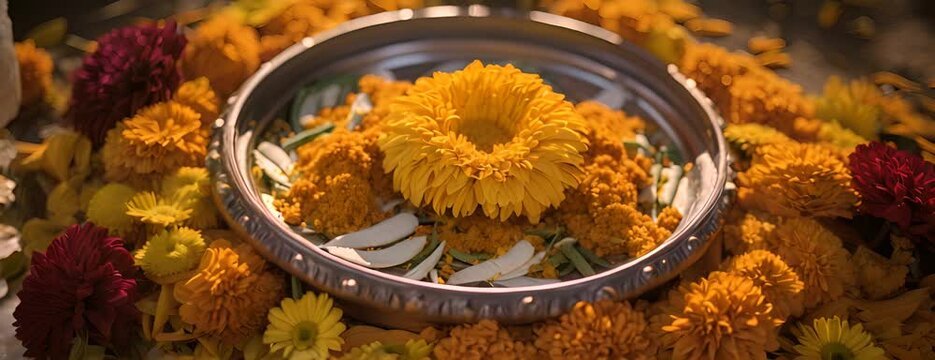 Vibrant Marigold Flowers Surrounding a Traditional Indian Thali 4K Video