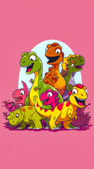 Fototapeta premium Cute, cartoon dinosaurs having a dance-off, mobile phone wallpaper