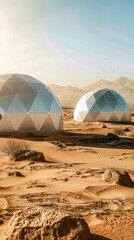 A desert populated by domes, each one a shelter from the elements. mobile phone wallpaper, or advertising background