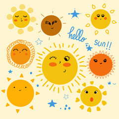 childish cute summer sun pattern illustration suitable for children's clothing, bed sheets and home decorations, notebook covers, stationery, prints, greeting cards and gift wrap