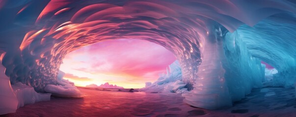 Fototapeta premium Ice cave cold inside view with colorful sunset light outside, winter landscape banner. Generative Ai.