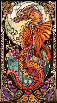 A fearsome dragon guarding its treasure, drawn in an intricate filigree metal design, mobile phone wallpaper