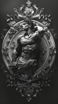 Sculpture of ancient warrior with creatures. Intricate sculpture depicting a muscular ancient warrior surrounded by mythical creatures and ornate details in a monochromatic palette © Merilno