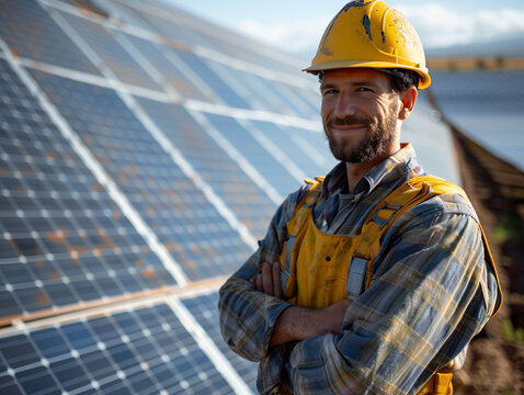 Electrician in safety gear, standing in front of solar panels