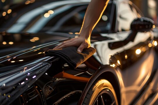 Polishing a black car with a microfiber cloth