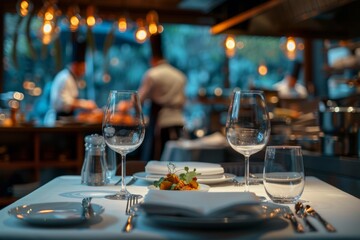 Fototapeta na wymiar Fine dining restaurant interior with chefs in the background