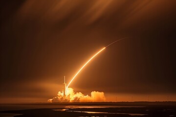 Rocket launch at night with vibrant flames and smoke