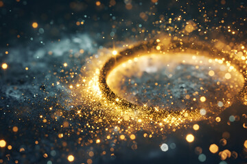 Gold glitter circle of light shine sparkles and golden spark particles in circle frame on black background. Rammadan magic stars glow, firework confetti of glittery ring shimmer	