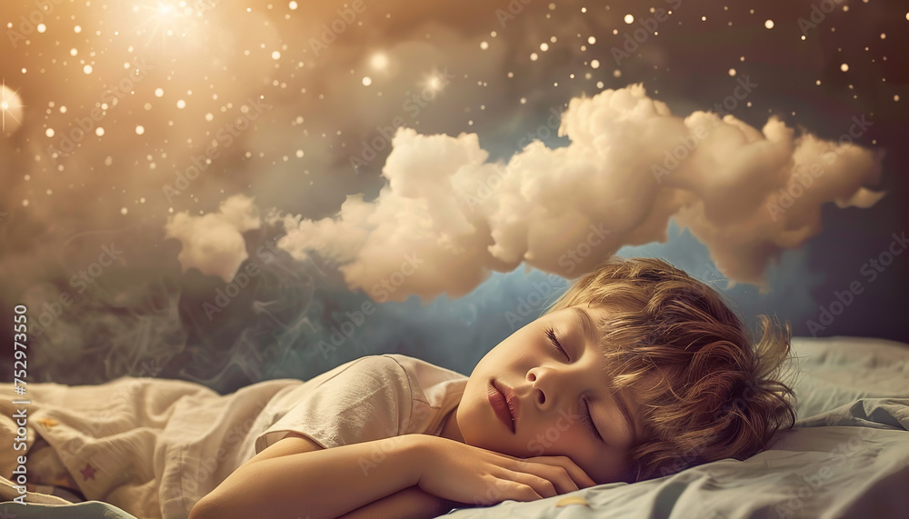 Canvas Prints Peaceful child sleeping soundly with a whimsical dream cloud floating above head - representing the imaginative world of dreams - wide format