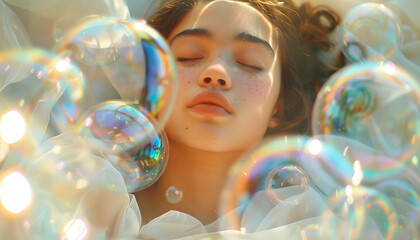 Dreamer surrounded by a multitude of dream bubbles - symbolizing the myriad dreams - hopes - and aspirations one might have - wide format