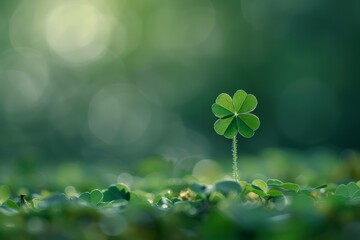 Single four leaf clover standing tall on a blurred green background