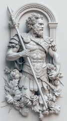 Fototapeta na wymiar Sculpture of ancient warrior with creatures. Intricate sculpture depicting a muscular ancient warrior surrounded by mythical creatures and ornate details in a monochromatic palette