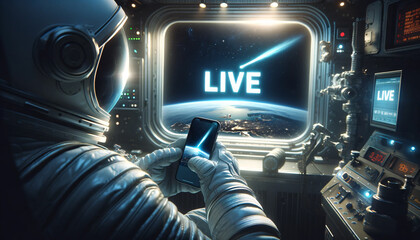 Astronaut Watching Live Broadcast in Space - obrazy, fototapety, plakaty