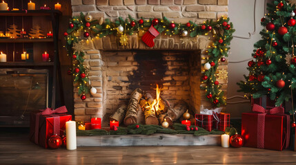 A cozy fireplace mantle with festive decorations