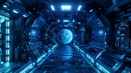 A sleek and futuristic space station interior, featuring advanced technology and cosmic elements