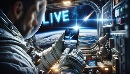 Astronaut Watching Live Broadcast in Space - obrazy, fototapety, plakaty
