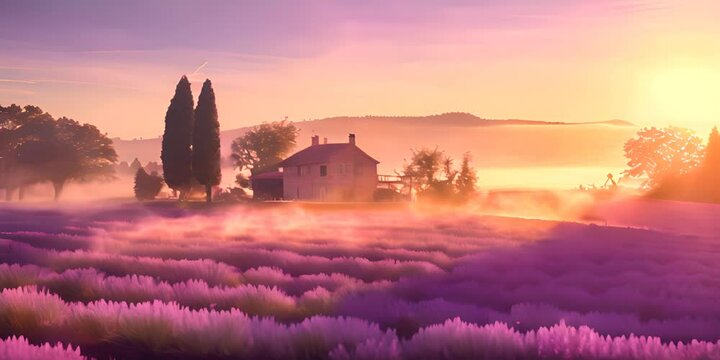 A rustic house on a lavender farm is enveloped in morning mist under the gentle warmth of a rising sun 4K Video