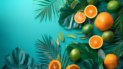 A vibrant tropical backdrop with palm leaves and exotic fruits