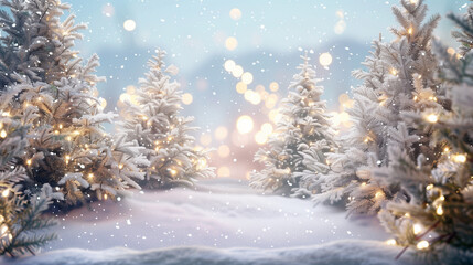 A whimsical winter wonderland with snow-covered trees and twinkling lights