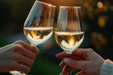 Close up of two people toasting with white wine glasses - obrazy, fototapety, plakaty