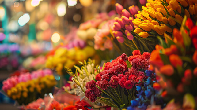 A vibrant flower market with rows of colorful blooms and fragrant bouquets